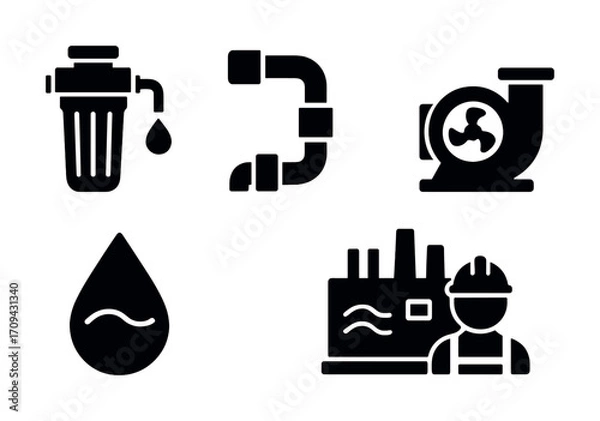 Fototapeta Water treatment icons: filter, pipes, pump, droplet, factory, worker
