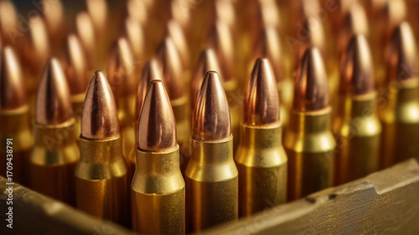 Fototapeta Macro of bullets inside wooden box