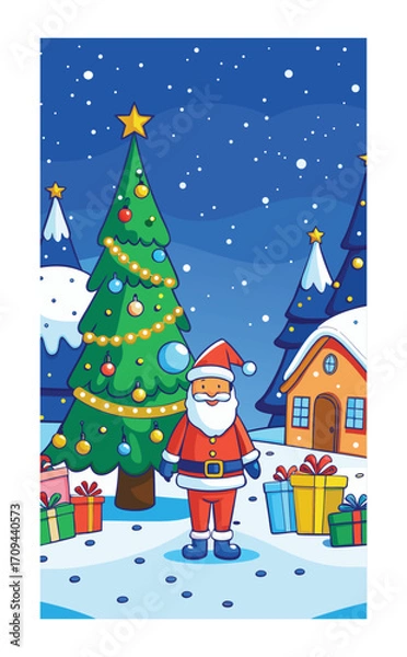 Obraz Magical Christmas evening with Santa walking past snowy trees, holiday gifts stacked high, decorated tree, festive ribbons, and sparkling winter stars