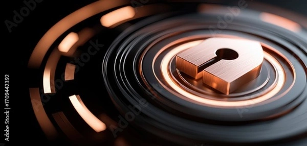 Obraz Futuristic metallic lock glowing with orange light, representing advanced cybersecurity, data encryption, digital safety, and high-tech protection.
