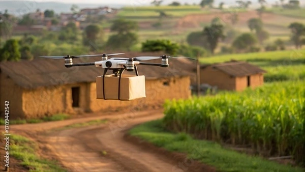 Obraz Last-Mile Delivery: A Drone Carrying a Package to a Remote Village

