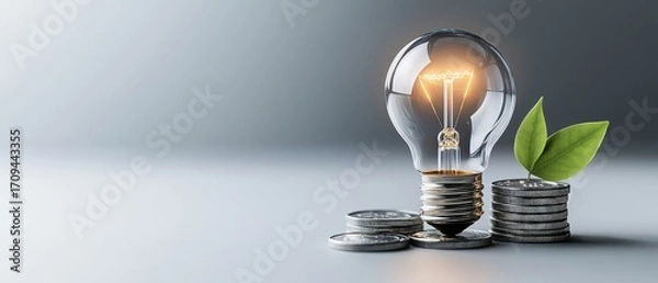 Obraz Light bulb placed on stacked coins with small green leaves, representing sustainable finance, eco-investment, renewable energy savings, and the connection between economy and environment.