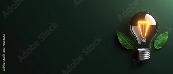 Obraz Glowing light bulb with green leaves on dark background symbolizing eco-energy, sustainable innovation, renewable power, and clean technology for environmental responsibility.