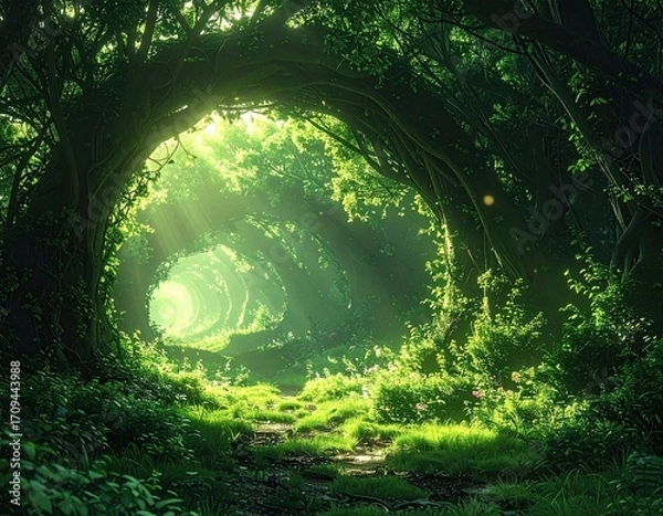 Obraz Lush Green Forest Tunnel with Sunlight Streaming Through Canopy in a Serene Outdoor Nature Scene with Vibrant Flora and Natural Light