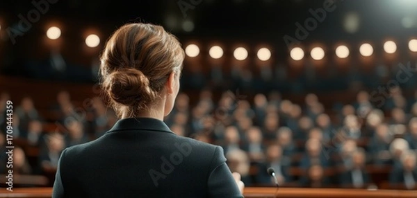 Obraz Rear view of a woman in formal suit speaking at podium to large audience, symbolizing leadership, business communication, public speaking, and professional corporate presentation