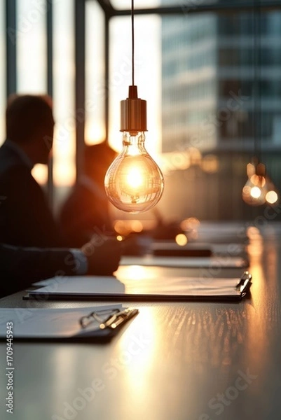 Obraz Creative concept glowing light bulb with sunlight shining through, symbol ideas, innovation and business inspiration. Blurred office meeting background conveys teamwork, leadership, corporate vision