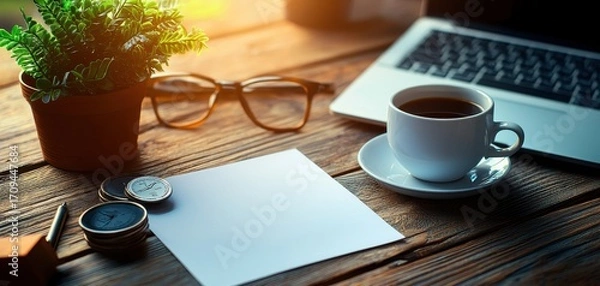 Obraz Cozy workspace with coffee cup, laptop, plant, and stationery on wooden desk, symbolizing work from home, productivity, and modern creative lifestyle.