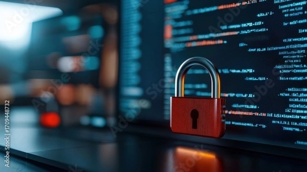 Obraz Red padlock against computer code background symbolizes cybersecurity threats, data protection, and defense against hacking and digital attacks.