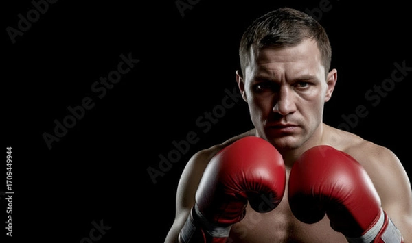 Fototapeta Determined male boxer in his late 20s, with a serious and intense expression. He is wearing boxing gloves and looking directly into the camera.The lighting is harsh and dramatic, creating deep shadows