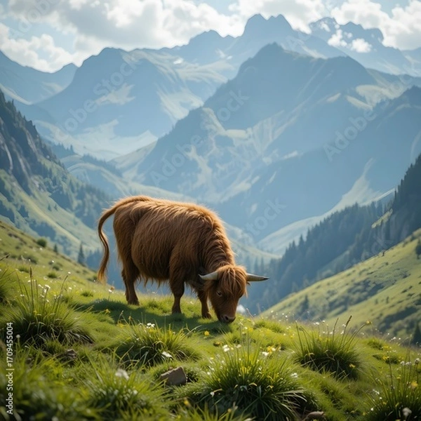 Fototapeta A buffalo grazing on grassy terrain with high mountains behind, scenic composition, stock quality