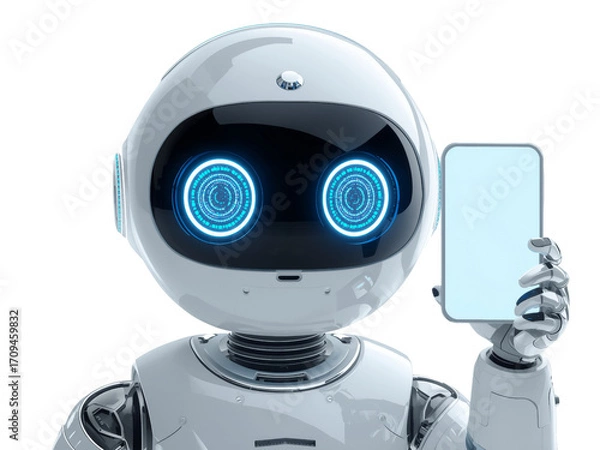 Fototapeta Futuristic robotic character displaying a mobile device with glowing digital interfaces