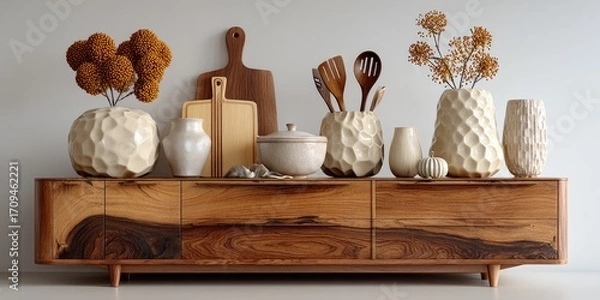 Fototapeta Wooden sideboard with textured vases, decorative items, and kitchen tools