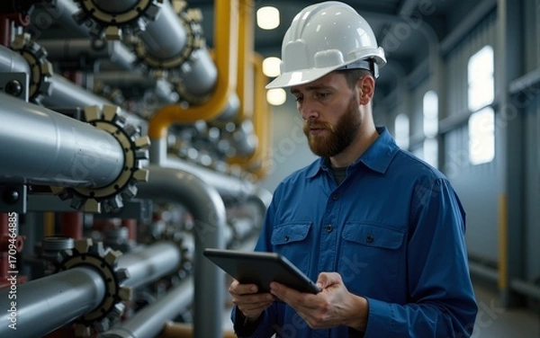 Fototapeta Serious caucasian unshaven worker in protective uniform and with hardhat using tablet for checking temperature in pipes. Factory interior. High quality