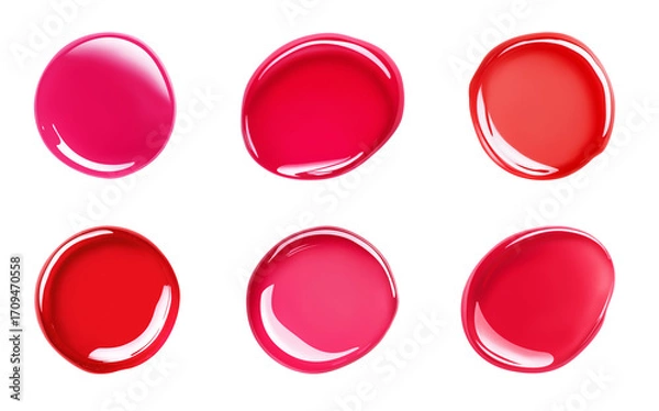 Fototapeta Set of round lip gloss swatches, red and scarlet shades. Abstract glossy texture. Isolated element with clear even edge on transparent background