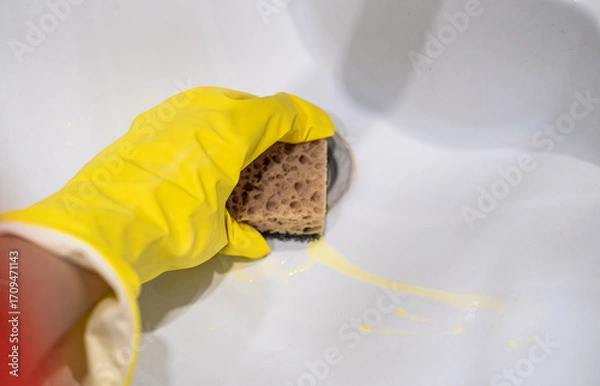 Fototapeta Cleaning the bathroom sink, she is polishing the faucet using a sponge, protective yellow gloves and spray detergent.