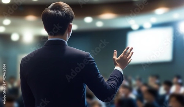 Fototapeta Young businessman giving presentation speaking to audience in conference hall or meeting room back view of man standing at front with hand raised delivering speech on stage for crowd