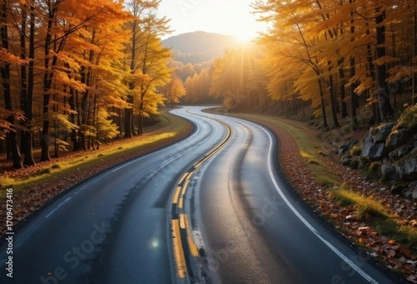 Fototapeta Isolated Asphalt Road  Serene Forest Scene, Realistic Style, Soft Shadows, Atmospheric Perspective, Nature Illustration