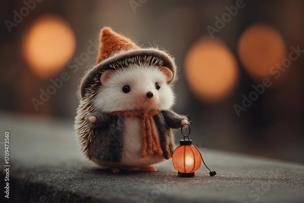 Fototapeta Cute hedgehog holding a lantern in autumn setting for Halloween  