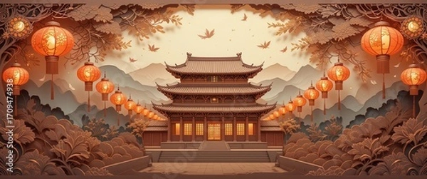 Fototapeta Vesak Papercut  A Delicately Crafted Lanterns and Temple Composition