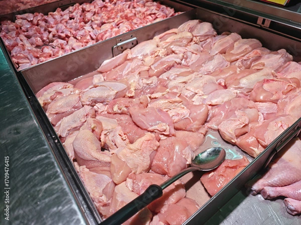 Fototapeta Fresh Raw Chicken Meat Display in Supermarket Refrigerated Case