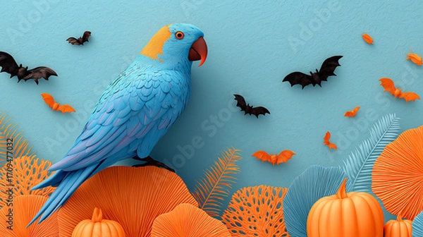 Fototapeta Colorful parrot with vampire fangs among pumpkins and bats for Halloween  