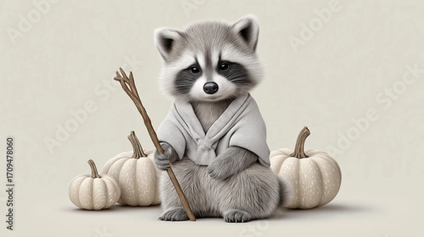 Fototapeta Cute raccoon wearing a robe holding a stick beside pumpkins for Halloween  