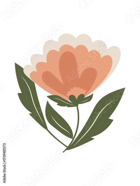 Fototapeta Beautiful pink flower on a stem with leaves isolated on a white background. 