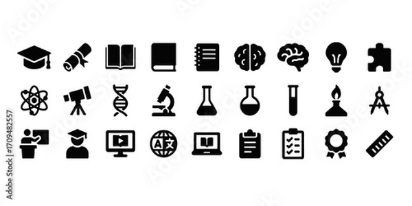 Obraz Education and science glyph icon set. Vector pictograms of atom, microscope, test tube, flask, telescope, dna, laptop, checklist, clipboard, black sign silhouette illustration.