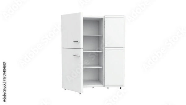 Obraz An empty white refrigerator with multiple shelves and doors is presented in a  setting.