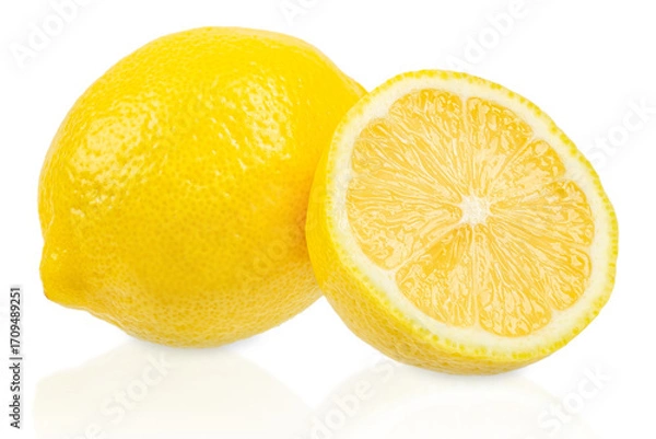 Fototapeta Bright fresh lemon with a half slice on a white background, top view with copy space for advertising, design, and menu