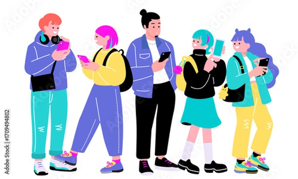 Fototapeta ポップでカラフルなZ世代の若者　スマートフォンを持つ人々のイラスト