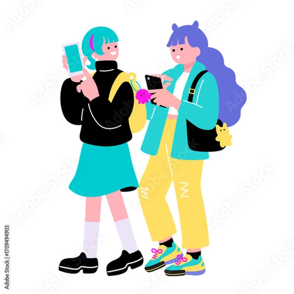 Fototapeta ポップでカラフルなZ世代の若者　スマートフォンを持つ女性のイラスト