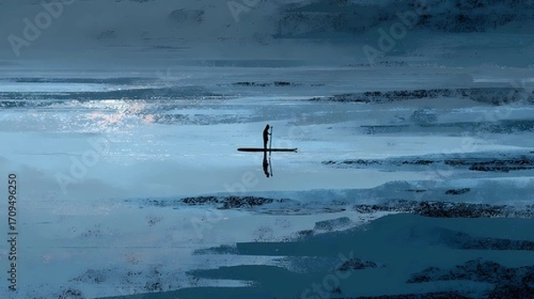 Fototapeta Sporty figure on paddleboard standing straight, quietly exploring water environment in balanced and relaxed posture.