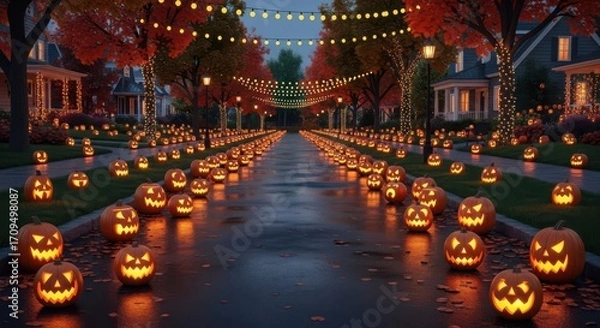 Fototapeta A street lined with carved halloween pumpkins and string lights