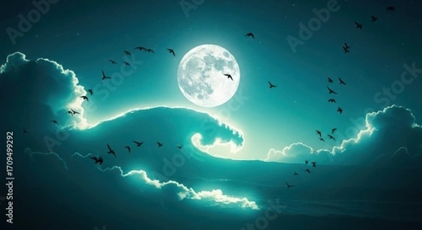 Fototapeta A full moon shines brightly through dramatic, glowing clouds with birds flying