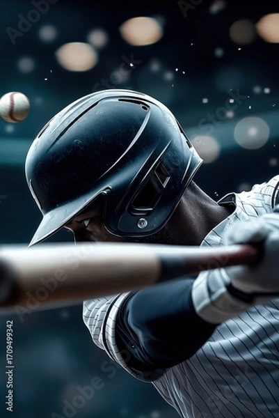 Fototapeta Action shot baseball player in mid-swing, wearing a helmet and striped jersey, focusing precision, strength, competition. Perfect representation professional sports, teamwork, athletic performance