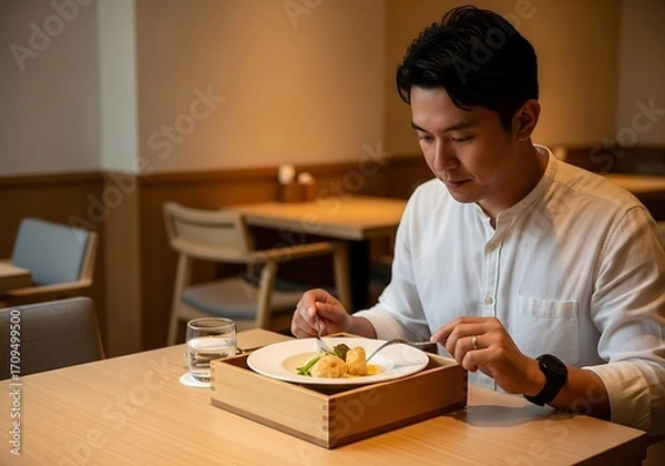 Obraz Man Focused on Delicious Meal in Restaurant.