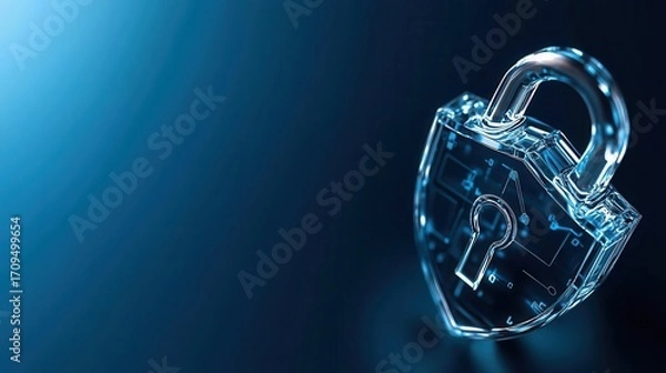 Fototapeta Futuristic digital padlock with cybersecurity shield symbolizing data protection, technology security, and safe information privacy in modern networks.