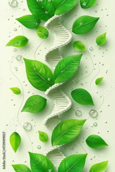Fototapeta DNA double helix designed with fresh green leaves and water drops, symbolizing biotechnology, genetics, eco-science, bio-innovation, and the connection between nature and life.