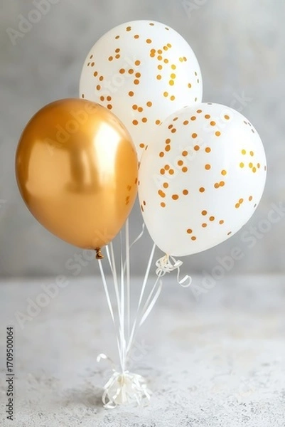 Fototapeta Elegant bunch of gold and white balloons with festive polka dot design on a light background. Minimal and stylish decoration symbolizing parties, birthdays, weddings, and joyful celebrations.