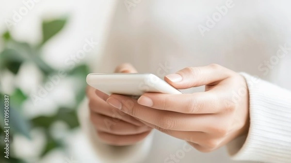 Fototapeta Close-up of hands holding a modern smartphone, symbolizing digital communication, mobile technology, social media connection, and everyday lifestyle in the digital era.