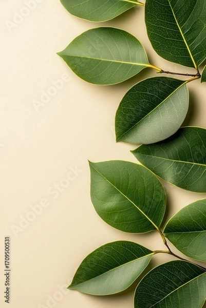 Fototapeta Fresh green leaves on a beige background create a natural minimalistic composition, symbolizing eco-friendly design, organic nature, and botanical inspiration for wellness, spa, and lifestyle concepts