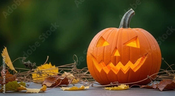 Fototapeta Carved halloween pumpkin with a scary face and glowing light