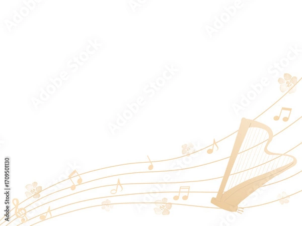 Obraz ピンクのハープと花と音符のイラスト