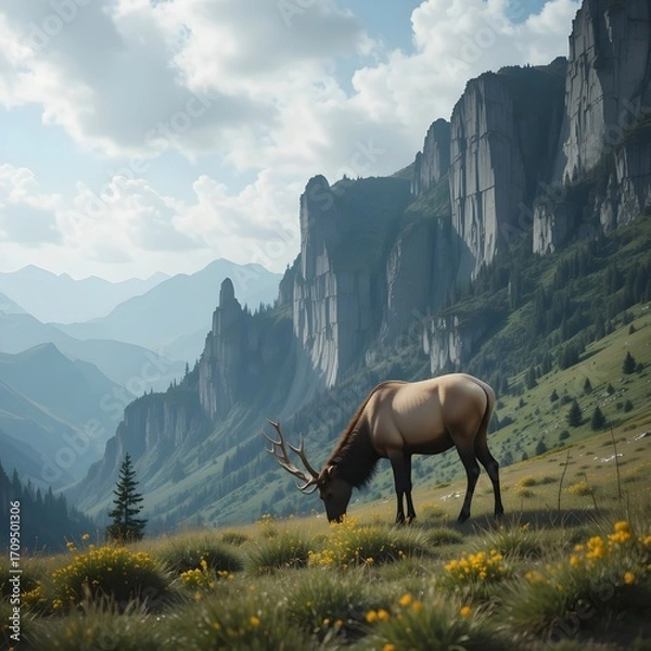 Fototapeta An elk grazing on grassy meadows near mountain cliffs, realistic texture, cinematic feel