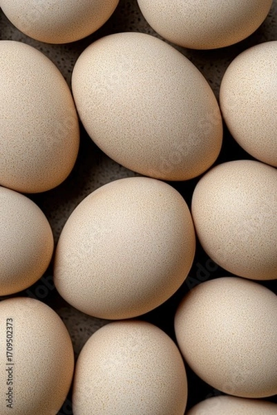Fototapeta Close-up image of fresh organic eggs with natural textured shells, arranged in a minimal pattern. Represents farming, nutrition, healthy food, and protein source for culinary and agriculture themes.