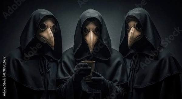 Fototapeta Three plague doctors in black robes and masks stand in a dark, atmospheric setting