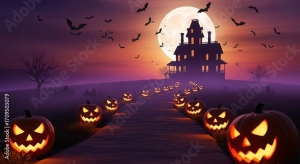 Fototapeta A spooky halloween scene with jackolanterns, a haunted house, and bats at night
