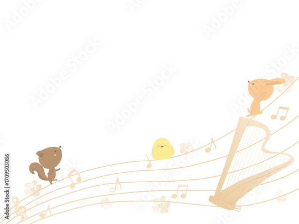 Obraz ハープと動物たちのイラスト