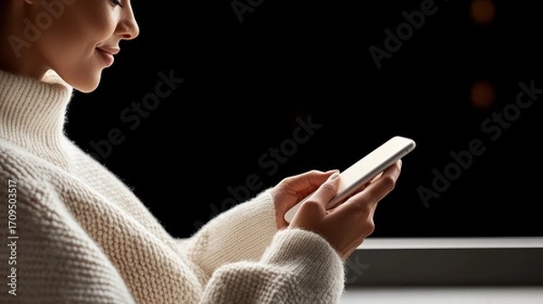 Fototapeta Woman in cozy sweater using smartphone against dark background. Side view portrait showing connection, communication, social media, and modern digital lifestyle.